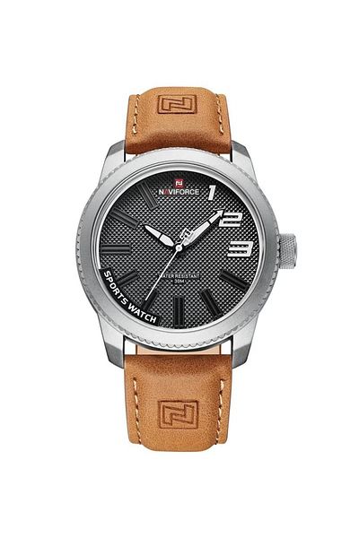 Naviforce Stylish Mens Sports Watch with Black Dial Leather Strap Quartz Movement Analog Display