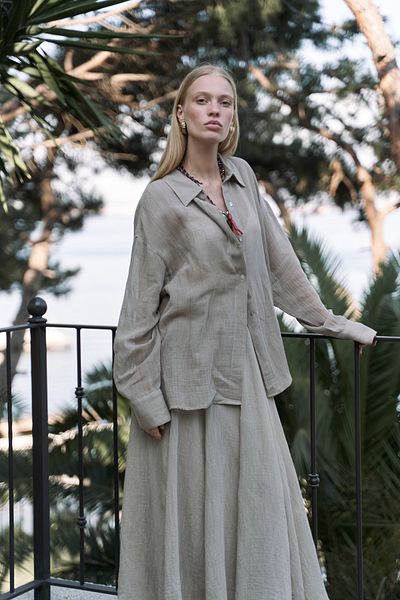 BOHEMAİ Calynn Backless Striped Khaki Linen Shirt