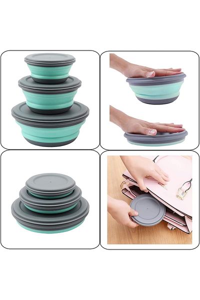 Pronett Set of 3 foldable silicone bowls with lid, Pronett, green-gray, heat-resistant