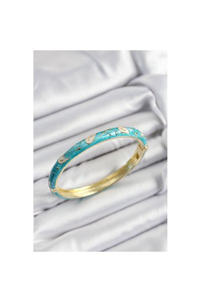 Skygo Gold Color Women's Handcuffs with Enamel Brass Cream and Turquoise Leaf Motif - Tj-Bb7421