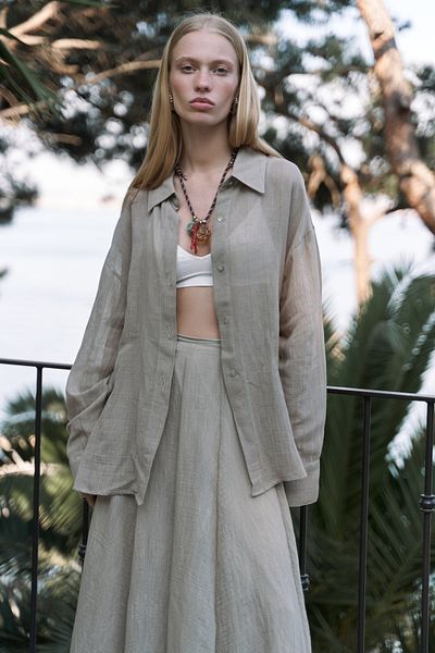BOHEMAİ Calynn Backless Striped Khaki Linen Shirt