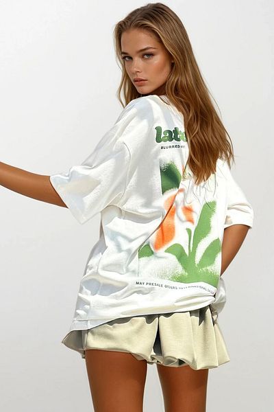 VAGGON Women's White Crew Neck Front and Back Floral Printed Oversize T-Shirt Prmx12312