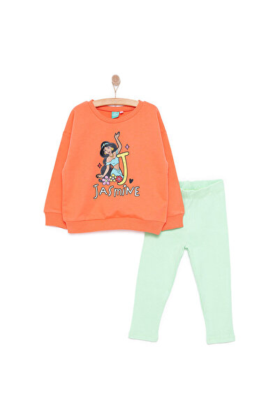 Disney Kız Bebek Sweatshirt -Tayt 2li Takım Disney Princess Bisiklet Yaka Reçme Paça Uzun Kol Somon