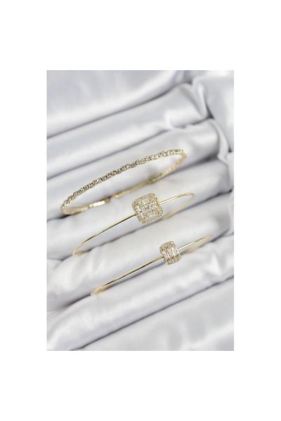 Skygo Brass Zircon Stone Baguette Model Gold Color Vip 3-Piece Women's Bracelet - Tj-Bb7334