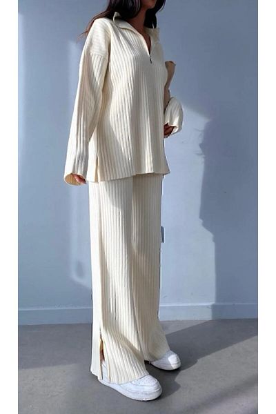 STF MODA Women's Ribbed Collar Zippered Leg Slits Side Zipper Knitwear Suit Ecru