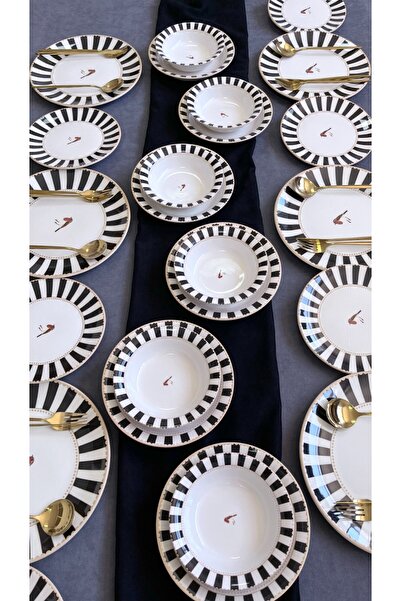 Erbaşlar Love Bırd Siyah Yuvarlak 24 Parça 6 Kişilik Lüx Yemek Takımı Seti Yemek Seti