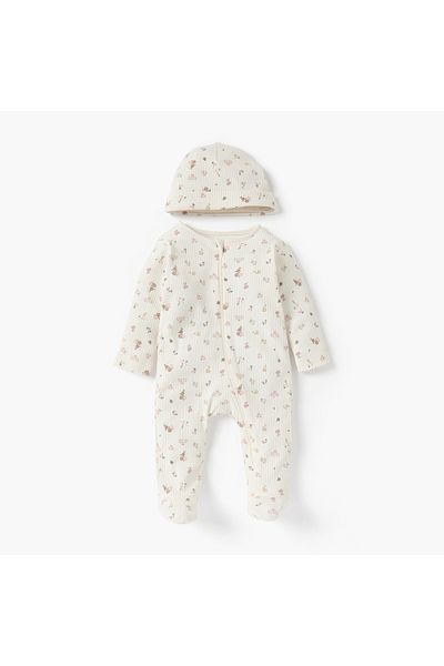 Juniors Floral Print Closed Feet Sleepsuit and Cap Set