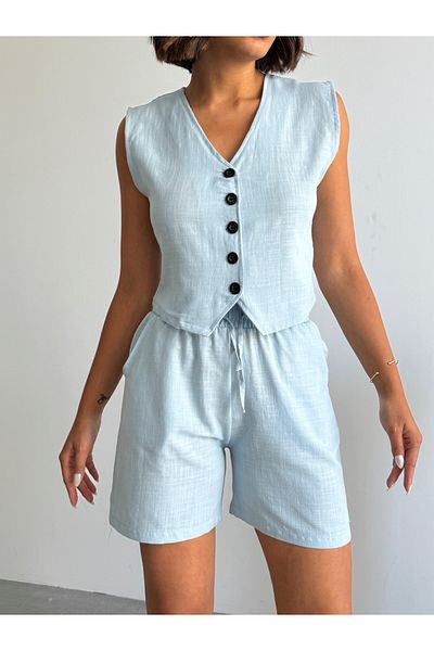 BEJNA Women's Blue Linen Vest Shorts Bottom Top Set