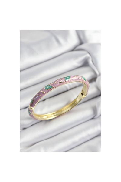 Skygo Mineli Brass Pink and Green Leaf Motif Gold Color Women's Handcuffs - Tj-Bb7409