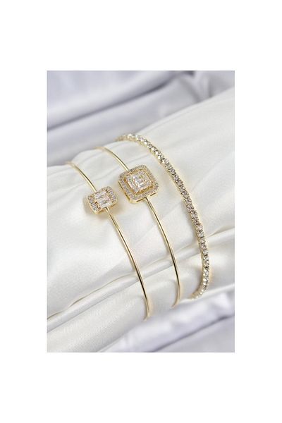 Skygo Brass Zircon Stone Baguette Model Gold Color Vip 3-Piece Women's Bracelet - Tj-Bb7334