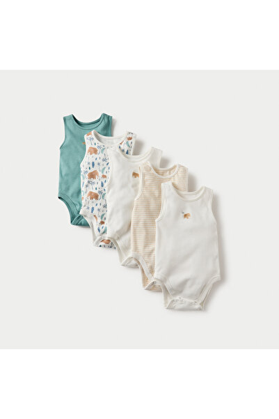 Juniors Printed Sleeveless Bodysuit with Button Closure - Set of 5
