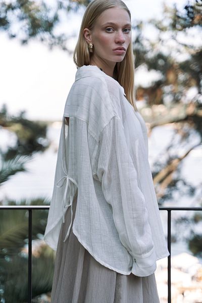 BOHEMAİ Calynn Backless Striped Ecru Linen Shirt