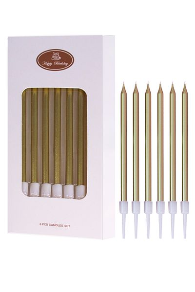 L&Wen Long Thin Metallic Birthday Candles, Birthday Party, Wedding Decorations (6 Count, Gold)