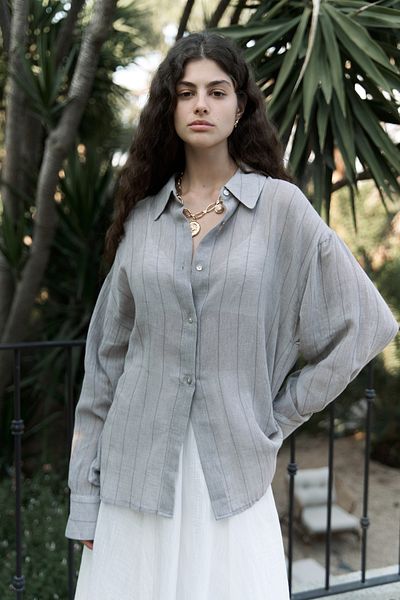 BOHEMAİ Calynn Backless Striped Mink Linen Shirt
