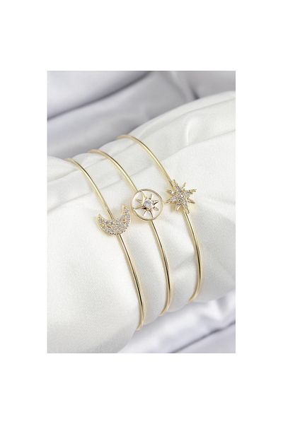 Skygo Brass Zircon Stone Moon and Polar Star Model Gold Color Vip 3-Piece Women's Bracelet - Tj-Bb7337