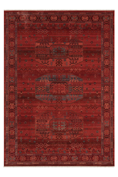 Moqa A Different Carpet Anadolu 4001 Kırmızı Otantik Desenli Halı - Antialerjik, Pamuk Taban, 6 mm Hav Yüksekliği