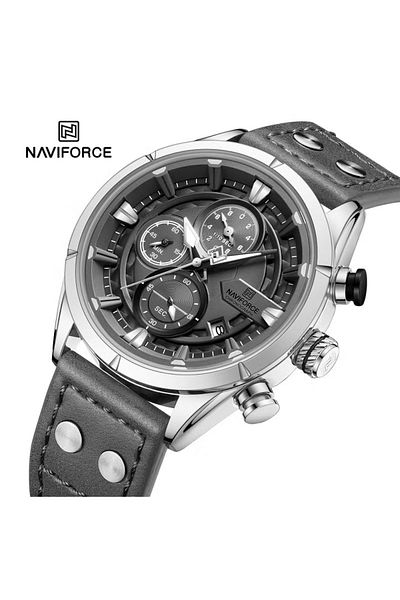 Naviforce Men's Rugged Chronograph Watch – 44mm, Leather Strap, Multi-Function, Water Resistant