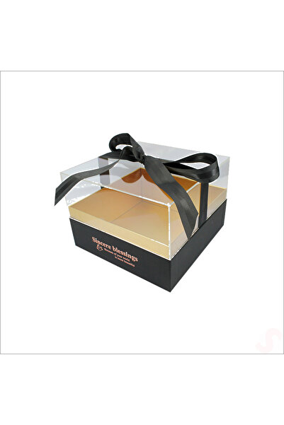 Süsle Baby Party Pleksi Kapaklı Fiyonklu Karton Kutu, 20 x 20 x 14cm - Siyah