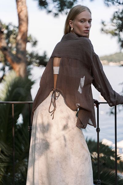 BOHEMAİ Calynn Backless Striped Brown Linen Shirt