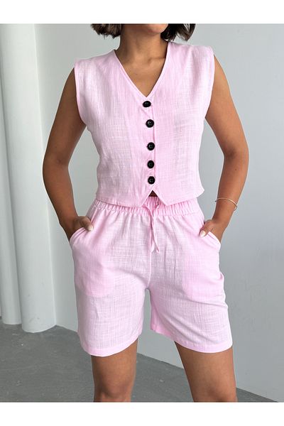 BEJNA Women's Pink Linen Vest Shorts Bottom Top Set