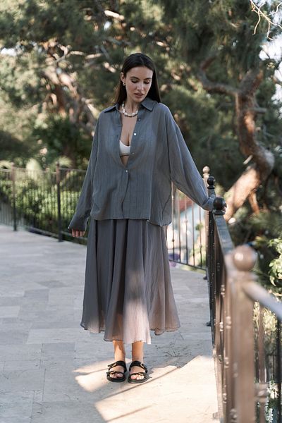 BOHEMAİ Calynn Backless Striped Smoked Linen Shirt