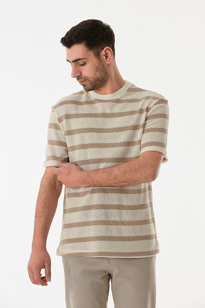 Fulla Moda Πλεκτό μπλουζάκι με ριγέ διάτρητο λαιμόκοψη
