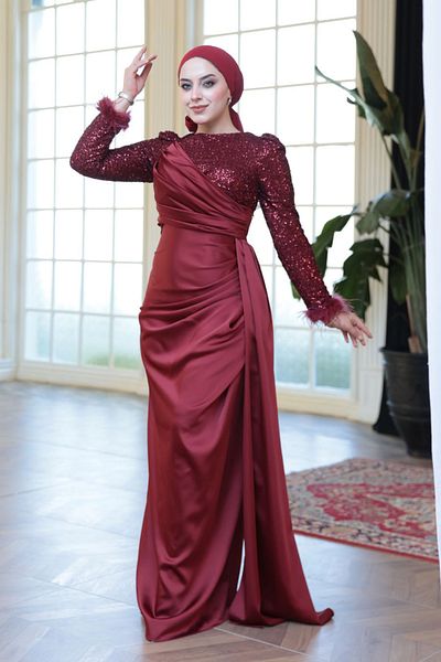 N.S NEVA STYLE Beaded Burgundy Hijab Evening Dress 52151Br