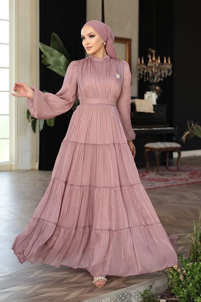 N.S NEVA STYLE - Βραδινό φόρεμα με πτυχωτό Dusty Rose Hijab 52981GK