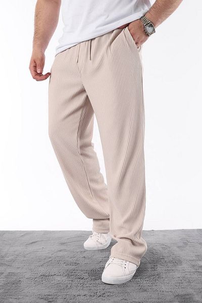 STOCX Men's Beige Pleated Comfortable Fit Casual Trousers