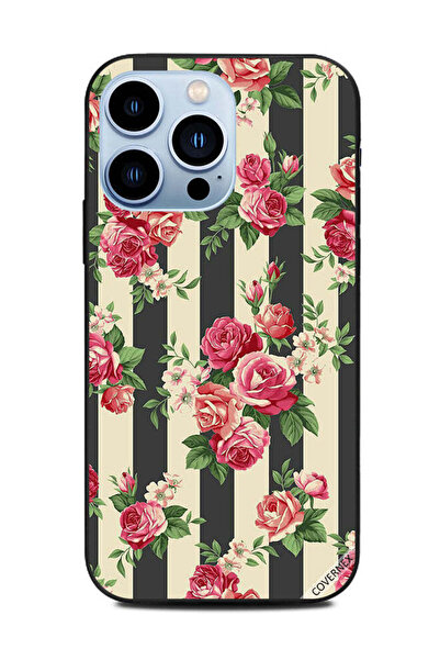 Covernex غطاء حماية لهاتف Apple iPhone 13 Pro زهور على شرائط سوداء وبيضاء