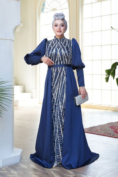 N.S NEVA STYLE Beaded Tail Navy Blue Hijab Evening Dress 50901L