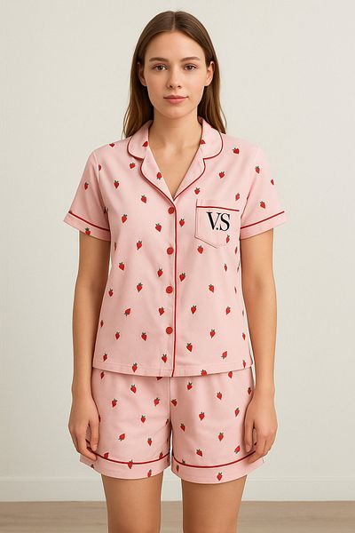 FENZO Women's Pink Strawberry Patterned Cotton Viscose Shorts Pajamas Set
