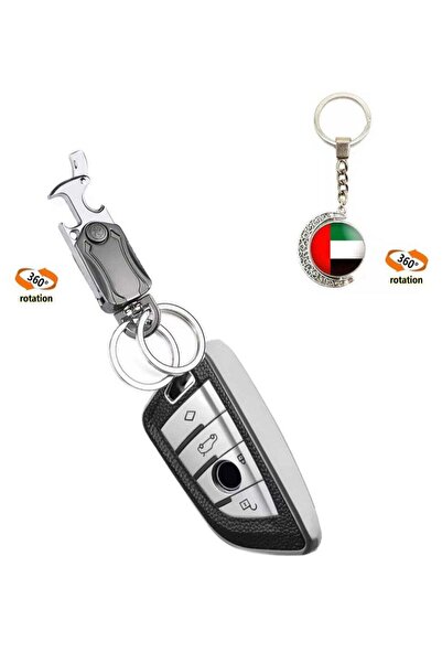 Generic غطاء مفتاح سيارة بي إم دبليو من أويو مع سلسلة مفاتيح معدنية على شكل دوار، سلسلة مفاتيح على شكل علم الإمارات العربية المتحدة، شفرة مطورة