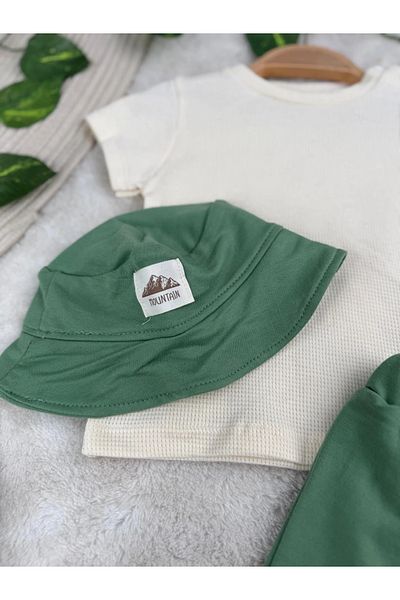 Minizade Safari Bucket Hat, Pocket Detailed Shorts, Waffle Fabric T-Shirt Set of 3