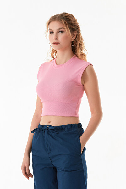 Fulla Moda Μπλουζάκι με ριμπ Crew Neck Crop