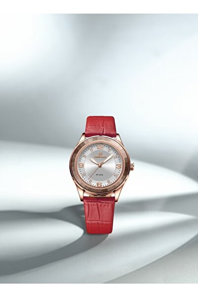 Naviforce Women's Elegant Red Leather Analog Watch – 40mm Silver Dial, Water Resistant