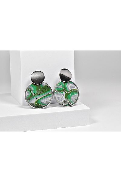 NARRU NARRU handmade earrings, round, green, gray and silver, Asha 6