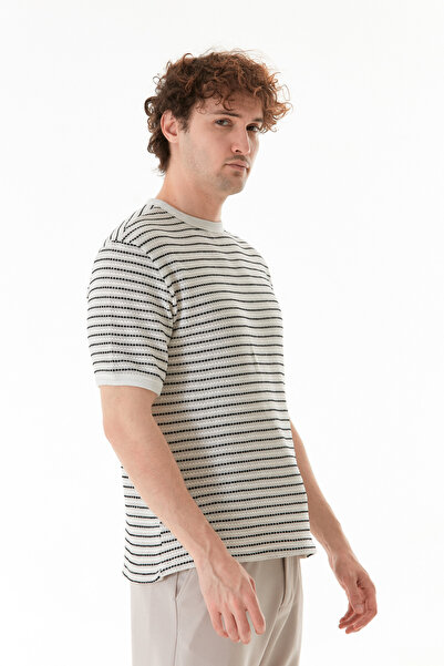 Fulla Moda Çizgili Bisiklet Yaka Triko Örme Tişört