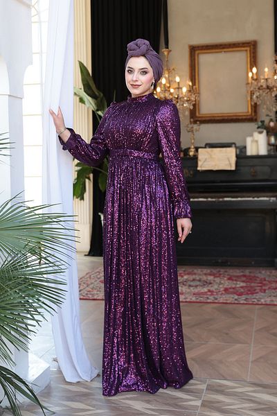N.S NEVA STYLE Βραδινό φόρεμα με παγιέτες μωβ Hijab 44961MOR