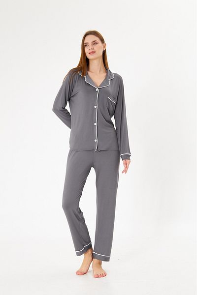 ÇağrıHome Women's 100% Cotton Luxury Viscose Anthracite Shirt Collar Buttoned White Piping Pajama Set