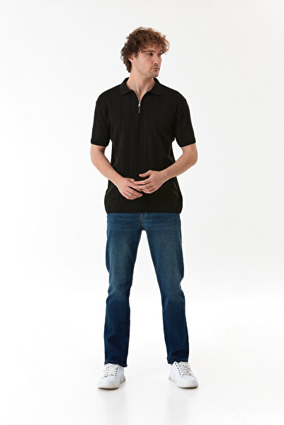 Fulla Moda Şeritli Polo Yaka Yarım Fermuarlı Triko Tişört