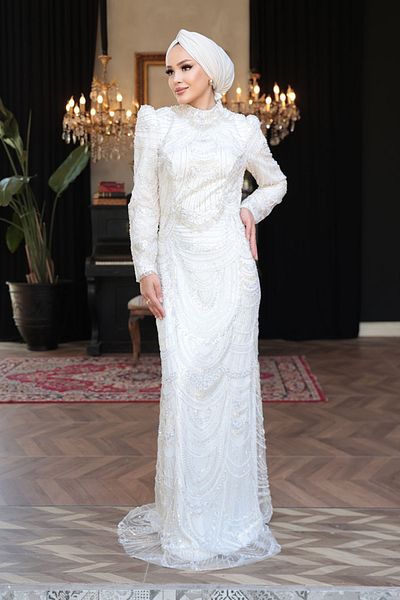 N.S NEVA STYLE - Bead Embroidered Ecru Hijab Evening Dress 51636E