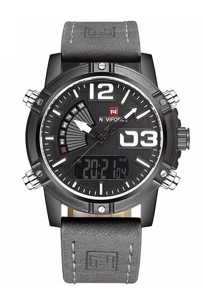 Naviforce Men's Dual Display Sports Watch – 45mm Analog-Digital, Chronograph, Leather Strap, Water Resistant