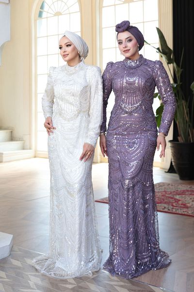 N.S NEVA STYLE - Bead Embroidered Lilac Hijab Evening Dress 51636Lila