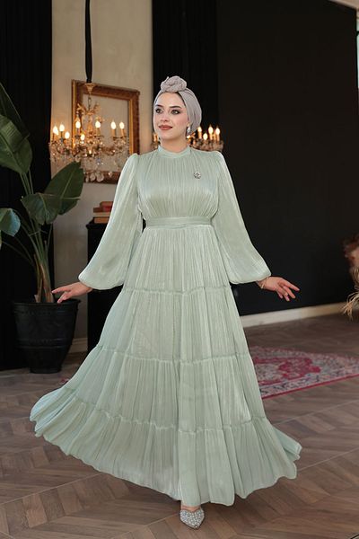N.S NEVA STYLE - Βραδινό φόρεμα με πλισέ μέντα Hijab 52981MINT