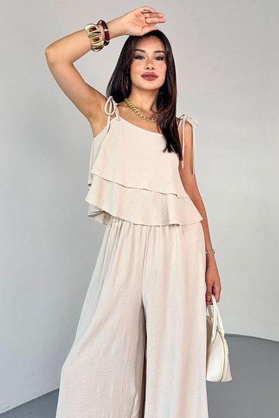 Cappmoda Tkm-13323 Stone Adjustable Strap Flowing Blouse & Waist Elastic Casual Trousers Koton Double Set
