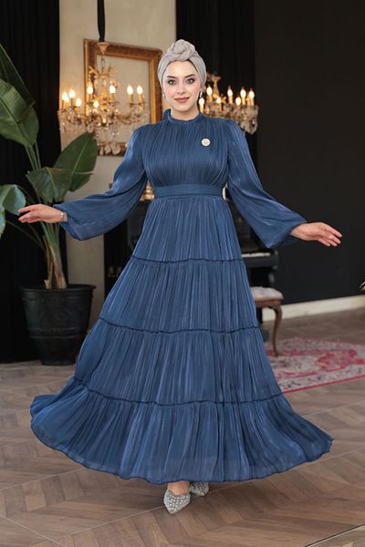 N.S NEVA STYLE - Βραδινό φόρεμα με πλισέ Navy Blue Hijab 52981L