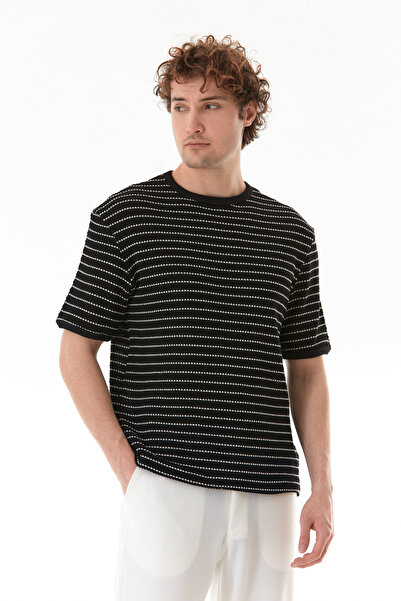 Fulla Moda Çizgili Bisiklet Yaka Triko Örme Tişört