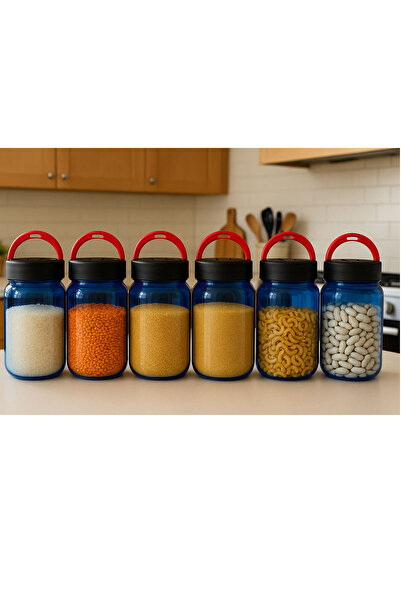 SİHİRLİ AYAKLAR 6'lı Orta Boy Kapaklı Cam Erzak Kavanozu Saklama Kabı Kulplu ve Kapaklı Mavi Cam Kavanoz 19 cm 1Lt