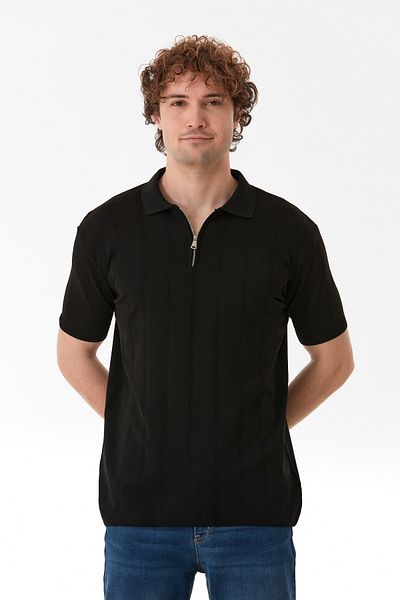 Fulla Moda Πλεκτό μπλουζάκι με ριγέ γιακά πόλο με μισό φερμουάρ